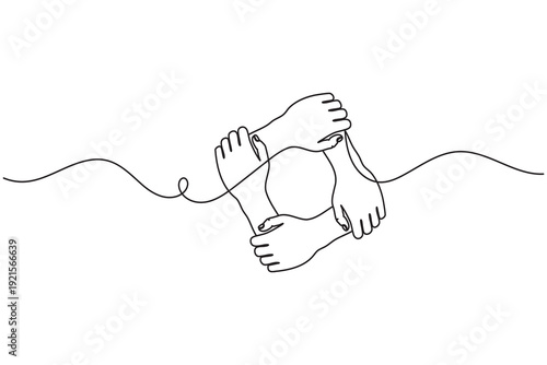 Teamwork hands forming circle single line art minimal icon illustration