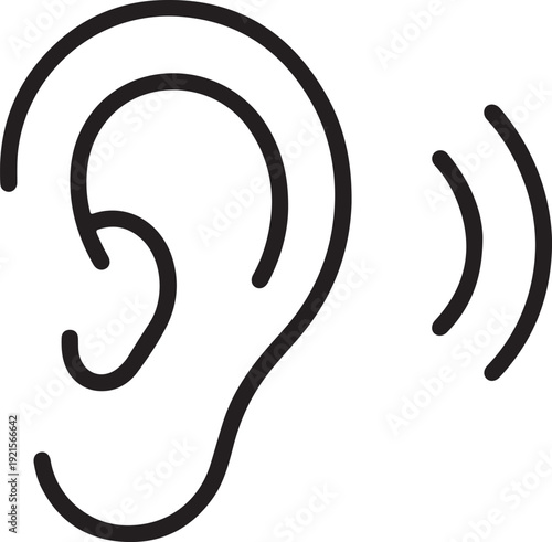 Minimalist ear line art icon: Simple black outline of human ear with sound waves isolated on white