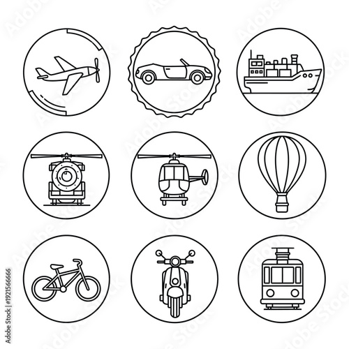 Diverse transport icons: Explore a collection of sleek, minimalist icons, each representing a distinct mode of transportation, neatly arranged within circular frames.