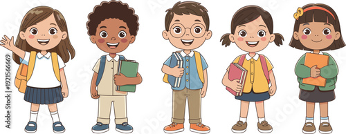 Cartoon school children vector illustration, diverse kids with books and backpacks, cheerful students, education icons, learning design, classroom art, study concept