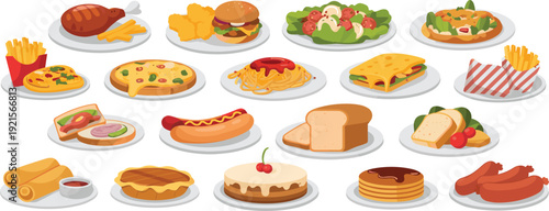 Delicious food vector illustration, fast food icons, roasted chicken, hamburger, pizza, spaghetti, lasagna, sandwiches, desserts, pancakes, cheesecake, culinary design
