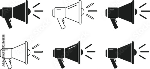 Megaphone loudspeaker icon set showing announcement and promotion symbols, black and outline vector illustrations for marketing, communication, advertising, and public message design