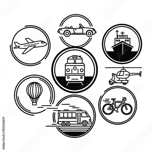 Transportation Icons: A set of intricately designed icons representing various modes of transport, elegantly arranged to depict the dynamic world of travel and mobility.