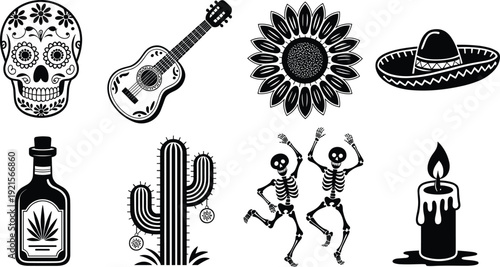 Black and white Mexican cultural illustration featuring sugar skull, dancing skeletons, sombrero, cactus, guitar, candle, sunflower, cannabis bottle, Day of the Dead celebration
