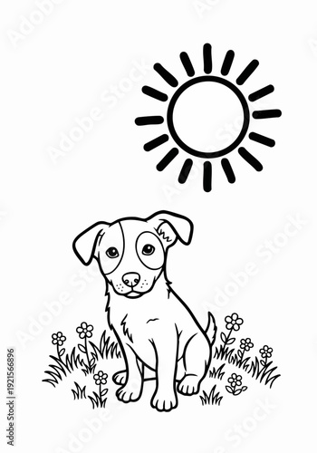 Adorable puppy dog sitting patiently line art illustration.