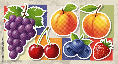 Colorful fruit sticker set: grapes, cherries, peaches, blueberries, strawberry