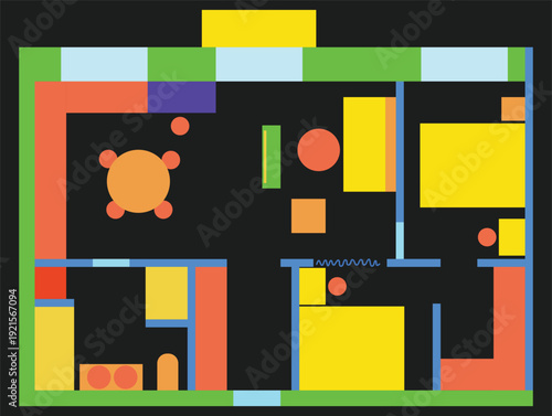 Floor plan with functional zoning of the apartment premises. The color scheme of the residential interior, layout of the furniture arrangement. Vector design constructor drawing