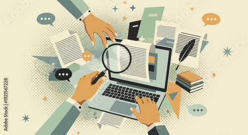 research and analysis concept, magnifying glass, laptop, documents