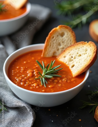 Hearty red lentil soup in white bowl with toasted bread slices. Garnished with fresh rosemary sprig. Served with a grey napkin on dark surface. Delicious comfort food meal.