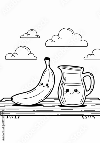 Cute banana and juice pitcher on a wooden tray with happy faces.