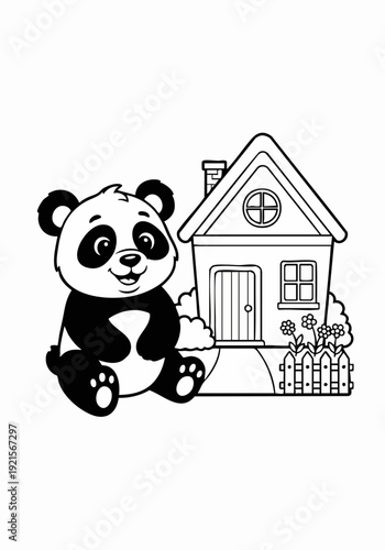Cute panda bear sitting near its house in the garden.