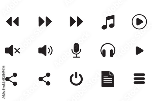 Set of 15 essential media player icons on white background, audio and video controls