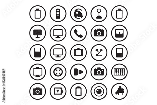 Universal multimedia and technology icons set inside circles featuring camera battery phone and computer