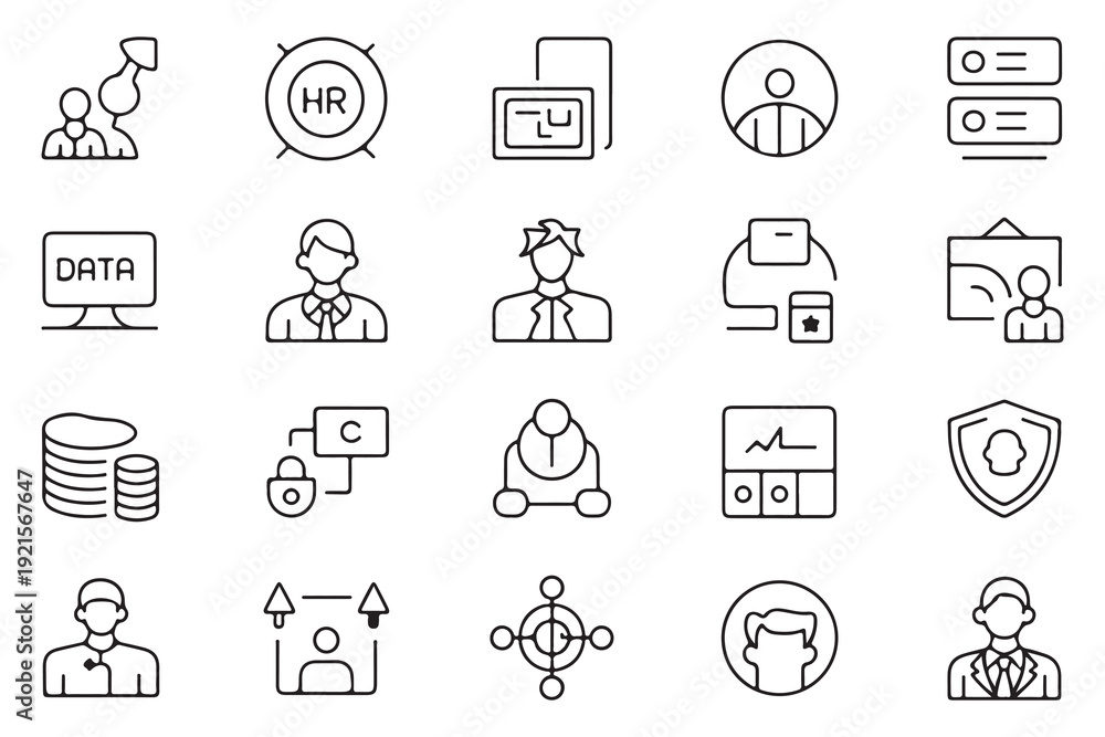 Fototapeta premium Human resources and business management line icon set including employee data security and team structure