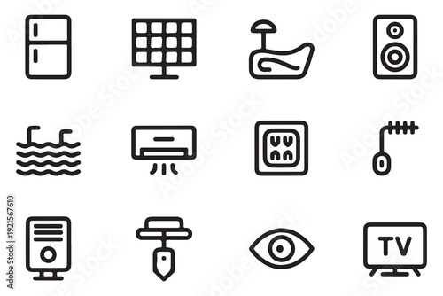 Residential automation line icon collection with pool cooling system solar energy and multimedia device