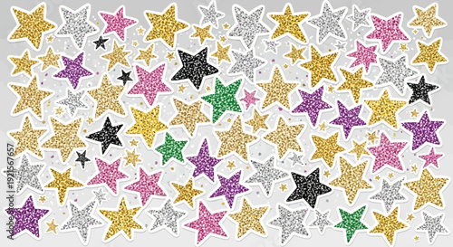 glitter star stickers, colorful festive background