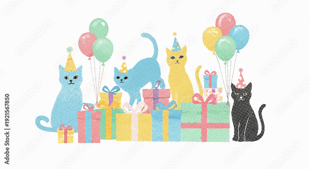 Obraz premium Cats celebrating birthday with gifts and balloons
