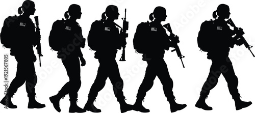 Military soldier silhouette illustration showing armed infantry walking formation isolated on white background tactical army vector design for defense security concepts
