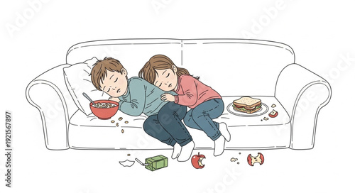 Children Relaxing on Sofa Together.