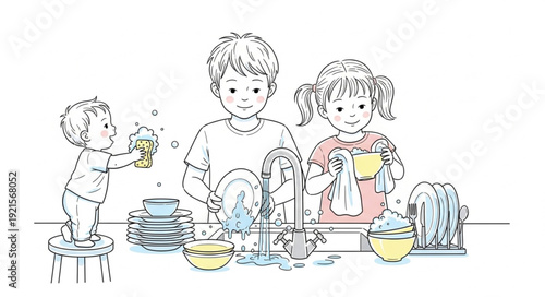 Children Washing Dishes Together.
