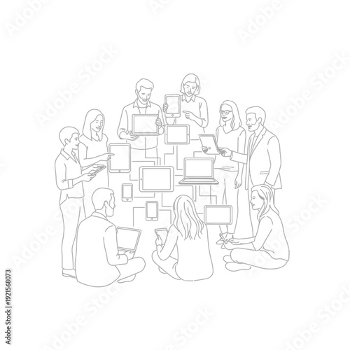 Outline group of people sitting around table with laptops and charts