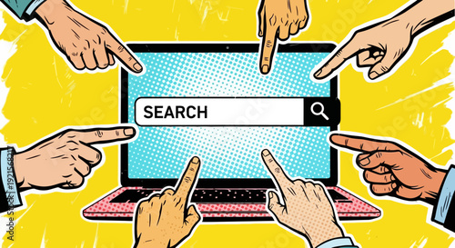 hands pointing at search bar on laptop, internet search concept