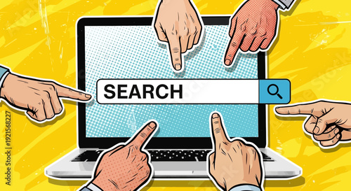 hands pointing search bar laptop, internet search concept