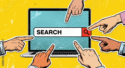 search bar on laptop screen, pointing fingers, online search concept