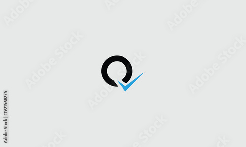 Minimalist vector graphic illustration featuring a black letter q integrated with a vibrant blue checkmark symbol design element