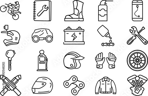 Motorcycle Rider Gear and Maintenance Outline Icons Set