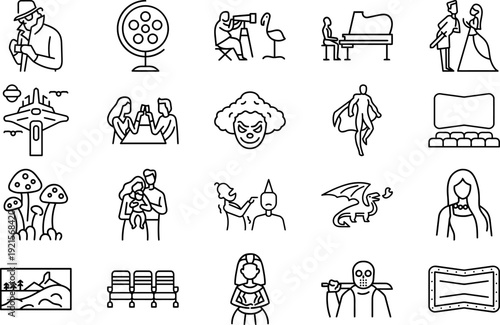 Diverse Film and Entertainment Genre Line Icons Set