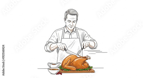 Chef Carving Roasted Turkey on Table.