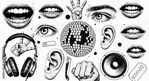 surreal black and white illustration of senses and sounds