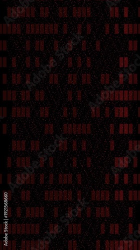 Abstract digital art with red and black binary code patterns.