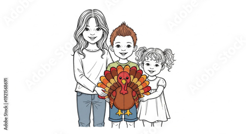 Children Holding Thanksgiving Turkey Illustration.