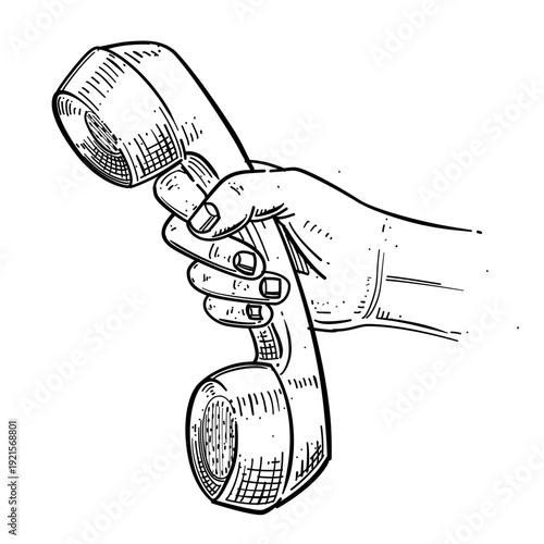 hand holding vintage telephone handset vector line art hand drawn illustration