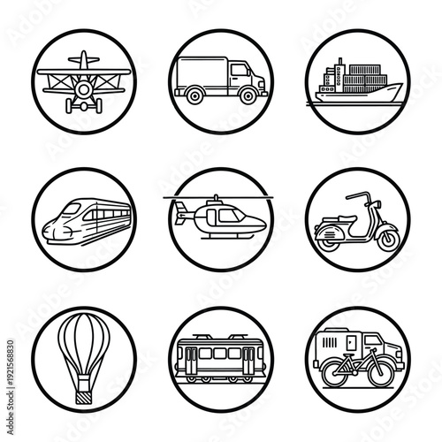 Transportation Icons: A collection of meticulously crafted, clean line icons, each representing a distinct mode of transportation, neatly enclosed within a circular frame.