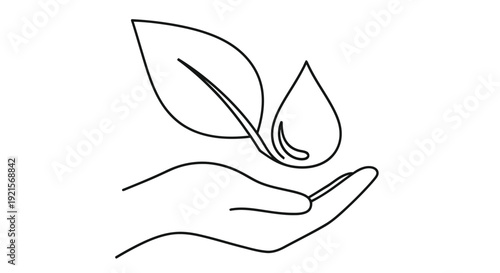 A delicate line drawing depicts a hand cradling a sprouting leaf and seed