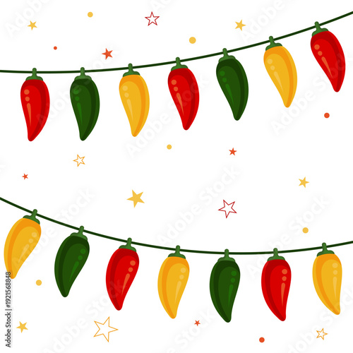 Square Mexican chili pepper garland background with festive stars for Cinco de Mayo. Vector illustration