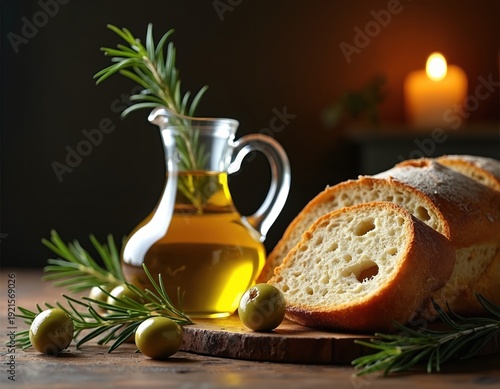 Freshly baked bread slices next to olive oil in a jug with olives and rosemary sprigs. Cozy candlelit background suggests a warm evening meal. Perfect for culinary content.