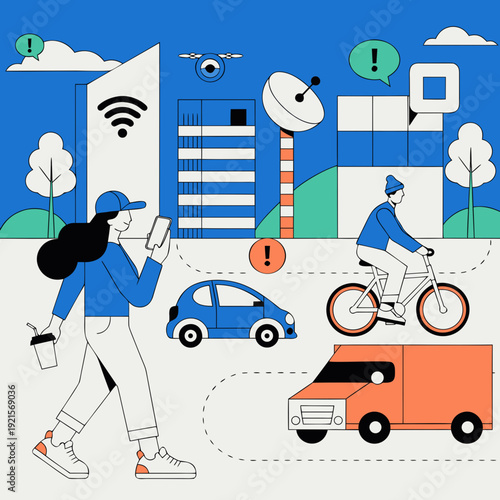 A city street scene with a woman and a man on a bike