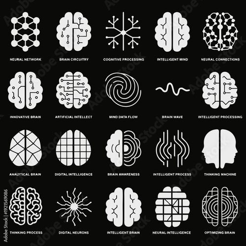 Collection of white brain and head icons on a black background