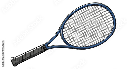 Tennis Racket with Blue Frame and Strings.