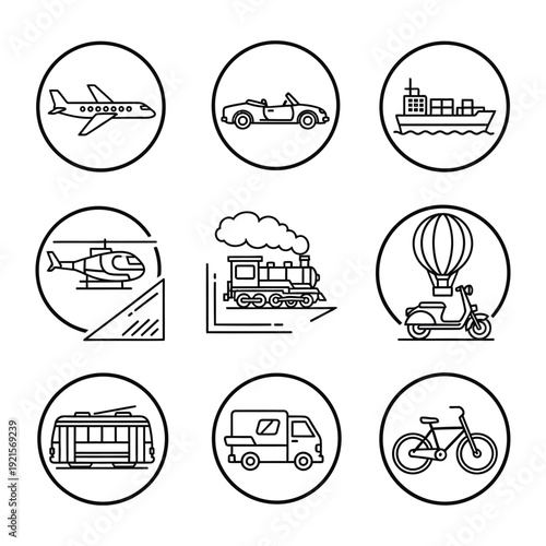Transportation Icons: A collection of various transportation modes in circular icons. This illustration encapsulates various modes, ideal for conveying movement, travel, and logistics.