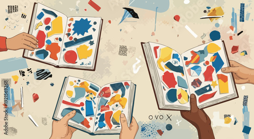 collage art books, creative hands, colorful shapes, artistic design