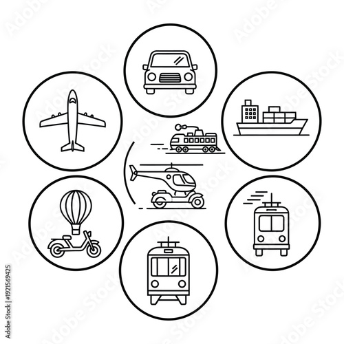 Transport Icons Illustration: A series of simple, elegant line art icons showcases diverse modes of transportation, arranged within circular frames.