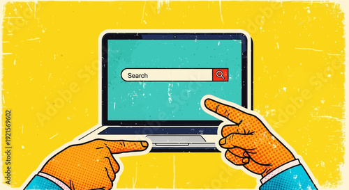 Hands pointing at laptop search bar, online information concept