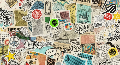 vintage sticker collage, grunge background, street art, texture