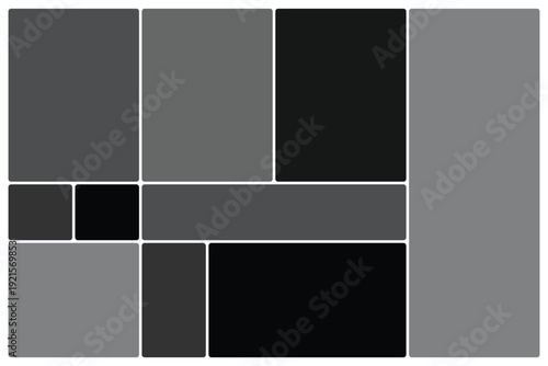 Set of Trendy bento grid layout style brick Ui UX templates. Grey on dark. Web comic grids, rounded corners. Different panel layouts with brutal shapes tiles of different sizes Vector illustration