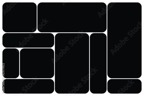 Clean vector photo collage layout with frames in bento grid system. Gray Bento Grid Layout. Collage image frame grid template. Modern modular UI design panels. Vector illustration. Bento grid set